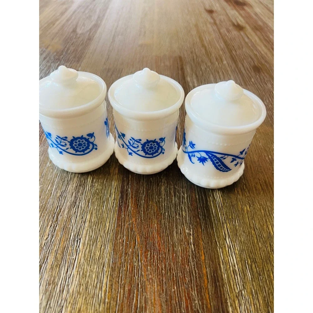 Vintage Milk Glass Spice Jars Set of 3 Blue Floral White Canisters with Lids